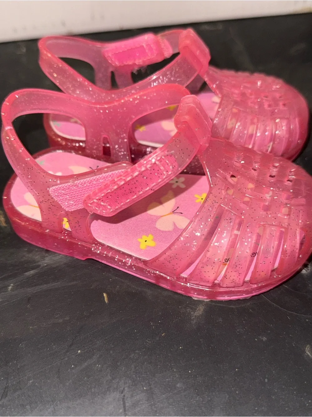 wonder nation Pink Glitter Jelly Sandals with Floral Insole